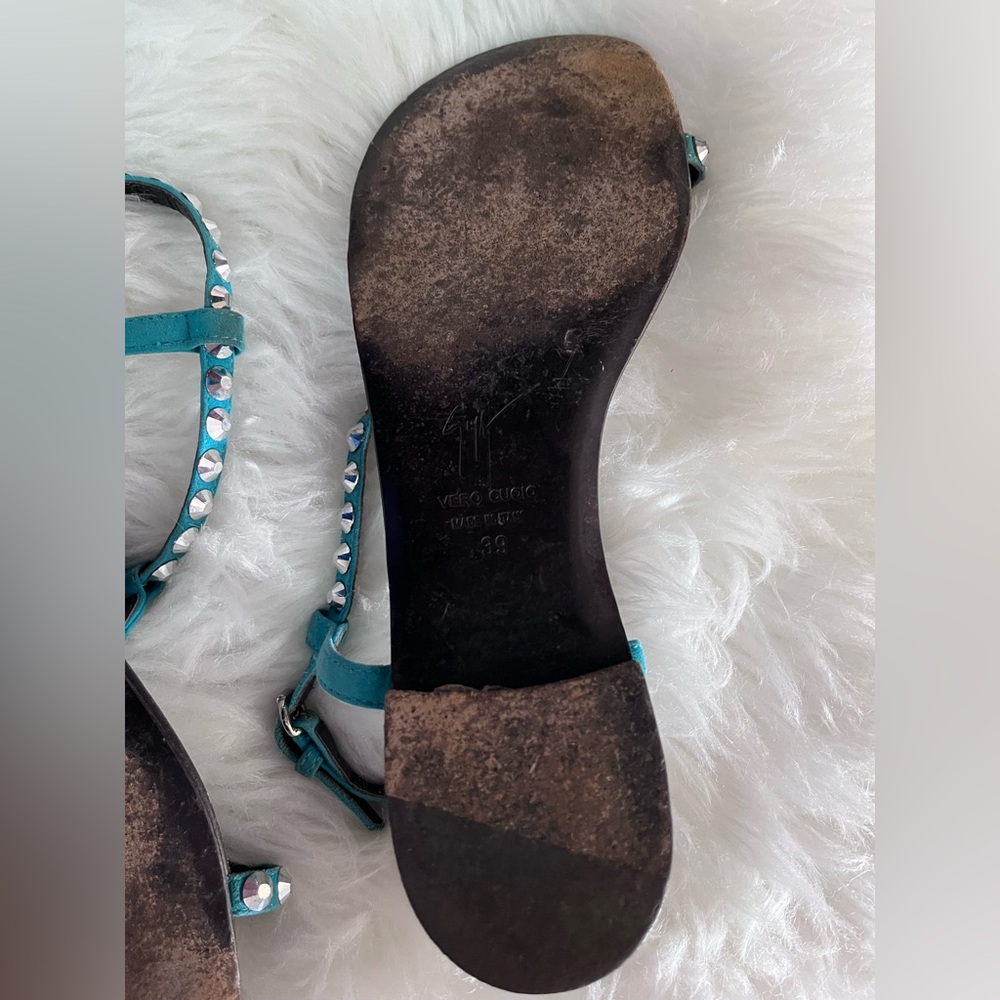 Giuseppe Zanotti Size 39 flat sandals blue suede straps adjustable ankle strap - Picture 12 of 13